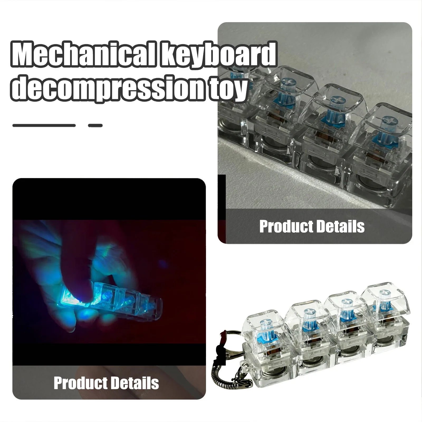 Keyboard Transparent Decompression Toys 4 Keys Keyboard Clicker Toy with LED Light Keyboard Fidget Toy School Bag Pendant